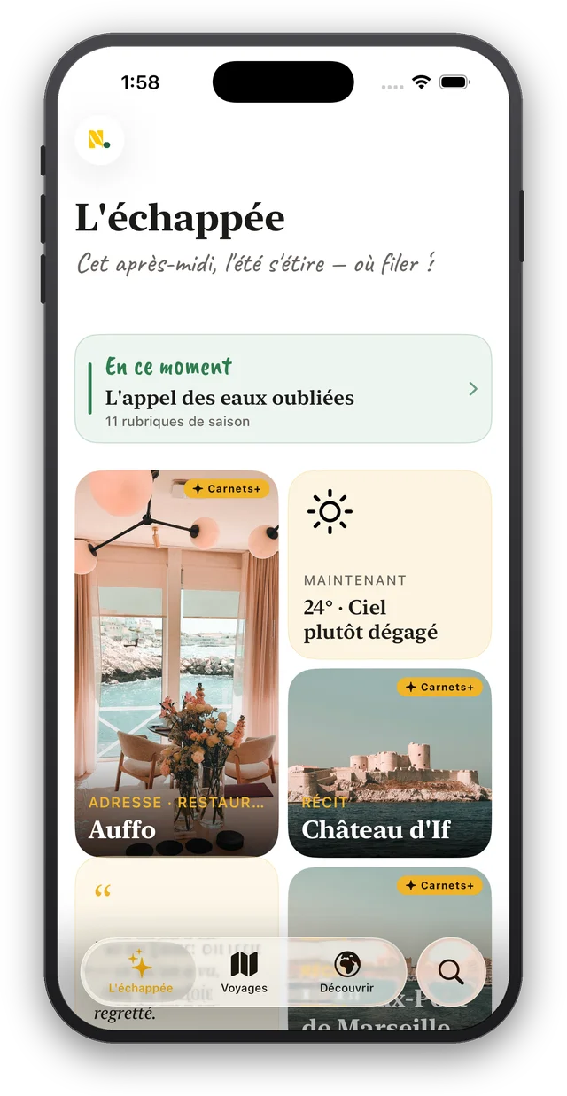 L'échappée, l'écran d'accueil de Nos Carnets