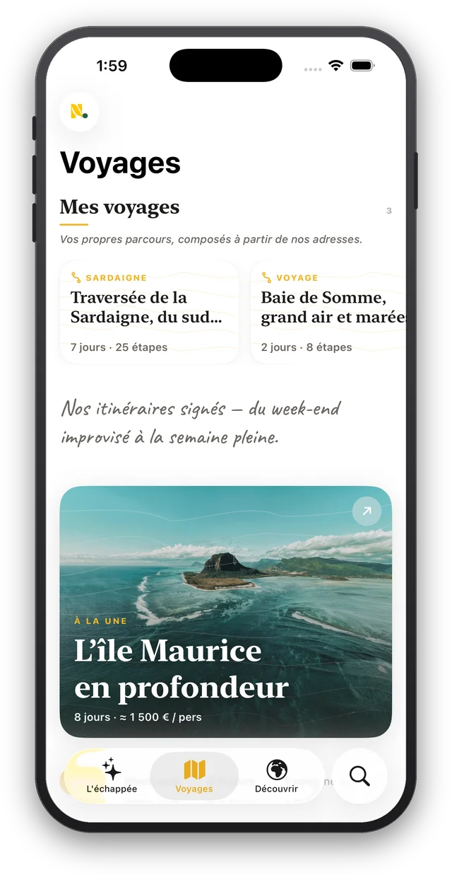 L'onglet Voyages, avec la liste de vos voyages en cours