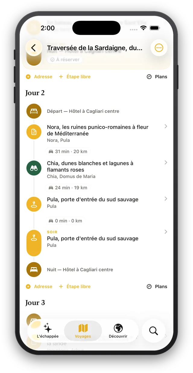 Le détail d'un voyage, avec les étapes du jour et les temps de route
