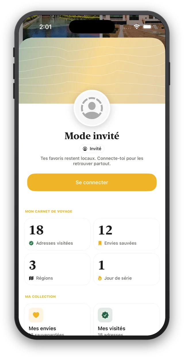 Le profil en mode invité, avec les statistiques de favoris et lieux visités