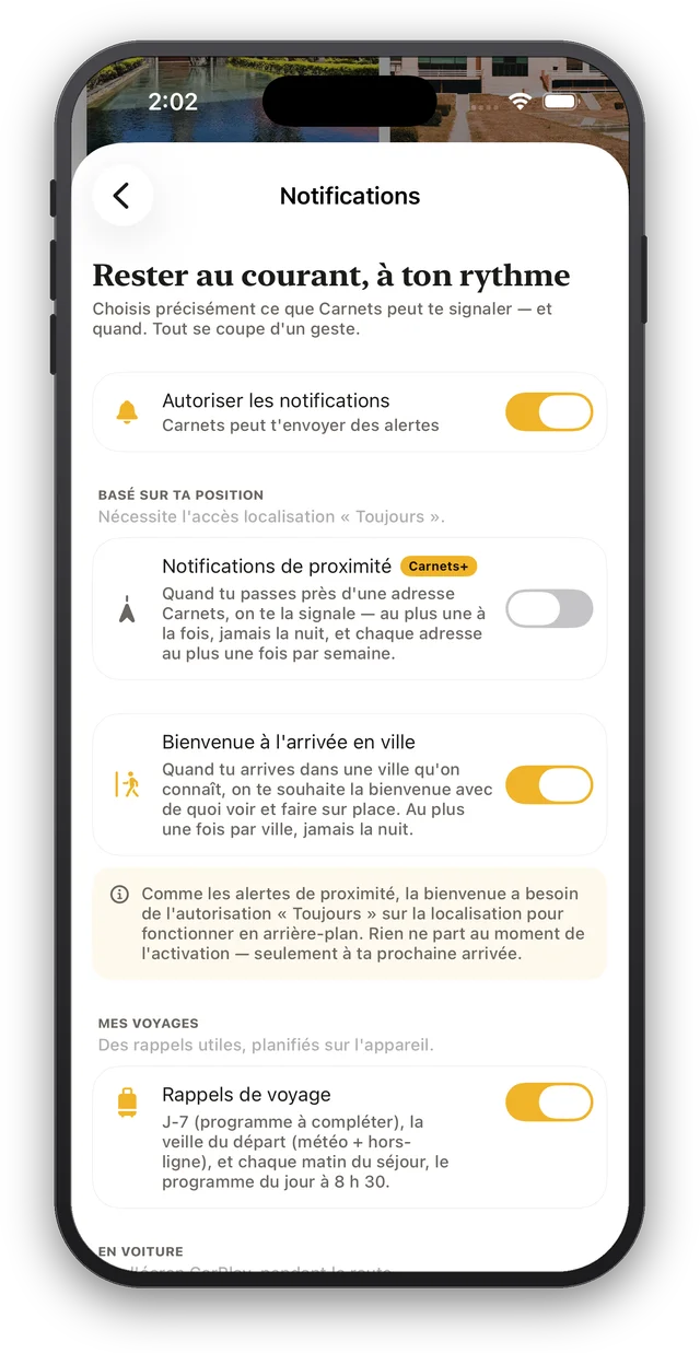 Le réglage des notifications dans Nos Carnets